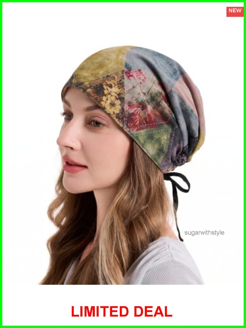 Boho Floral Print Tie Back Beanie Adjustable Summer Bonnet Women